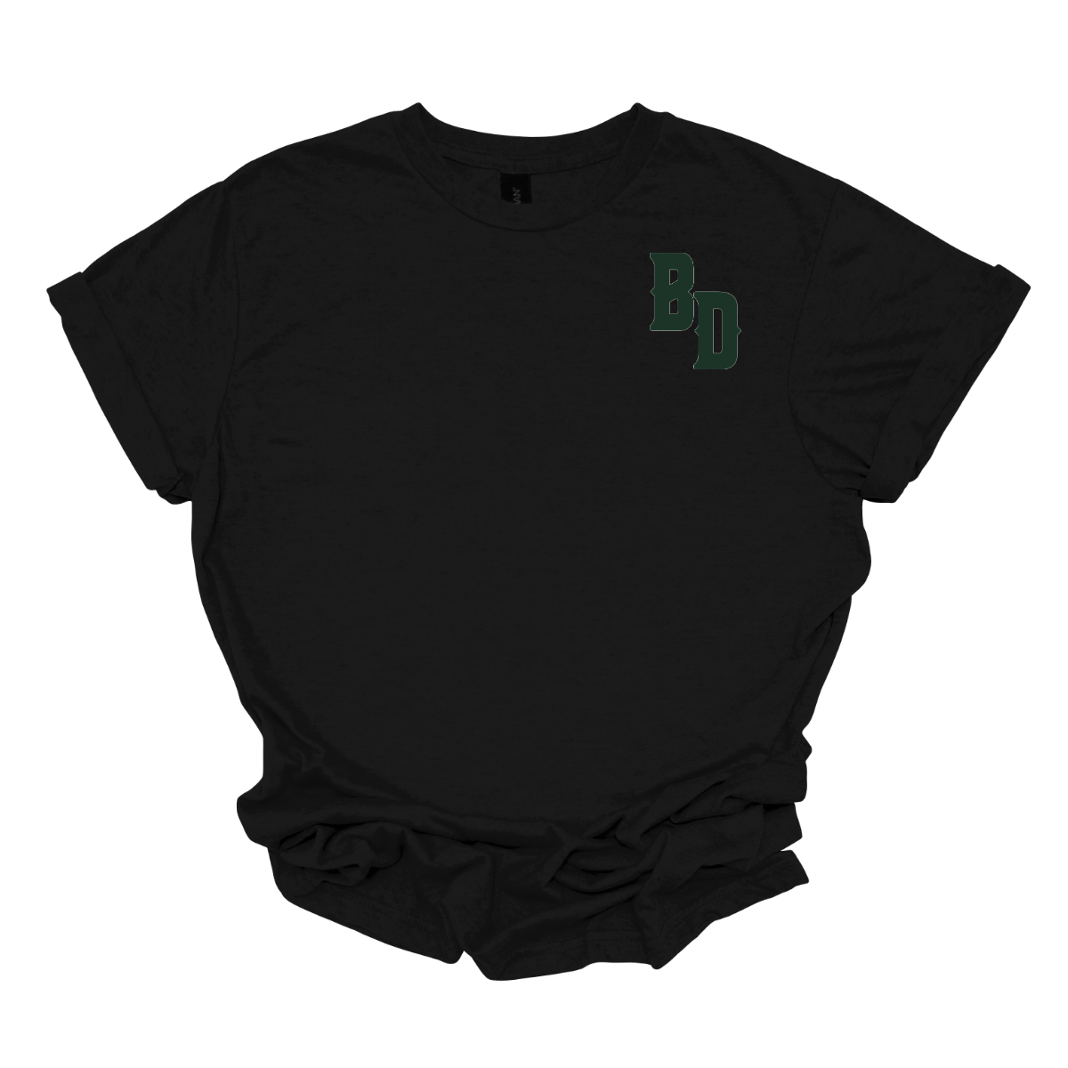 Black t-shirt with a green logo on a white background