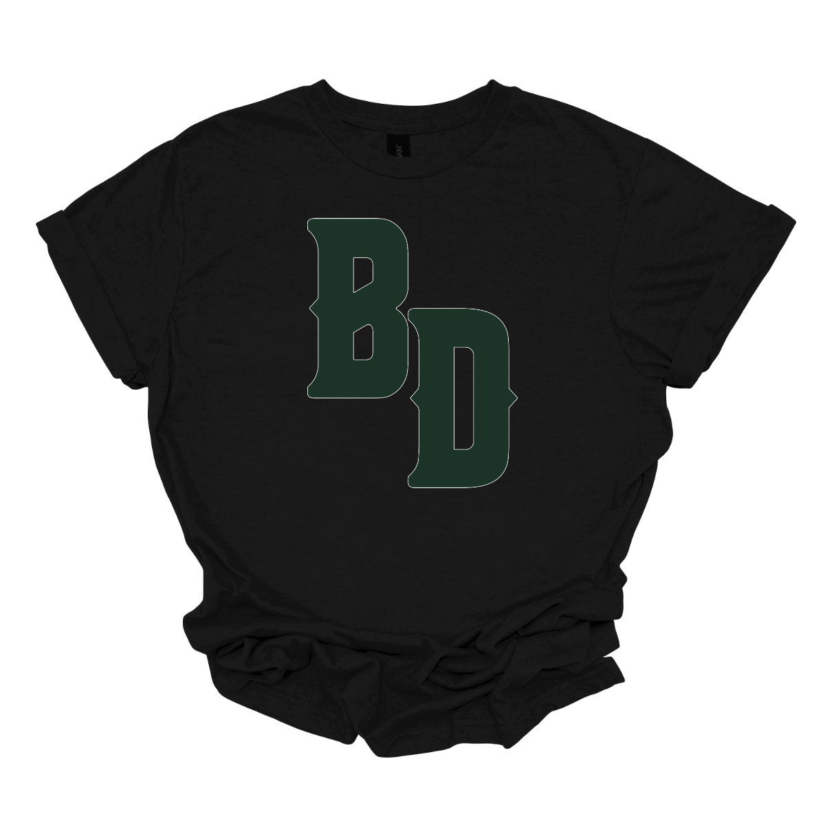 Black t-shirt with green 'BD' logo on a white background