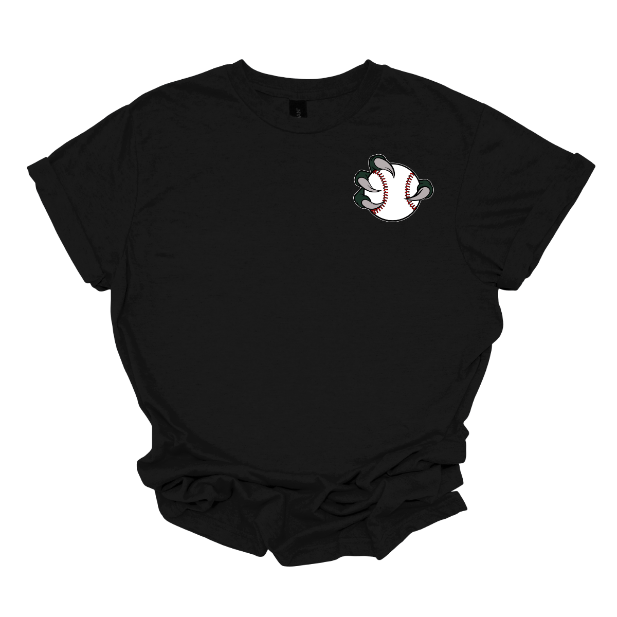 Black t-shirt with a Bearded Dragon baseball graphic on a white background