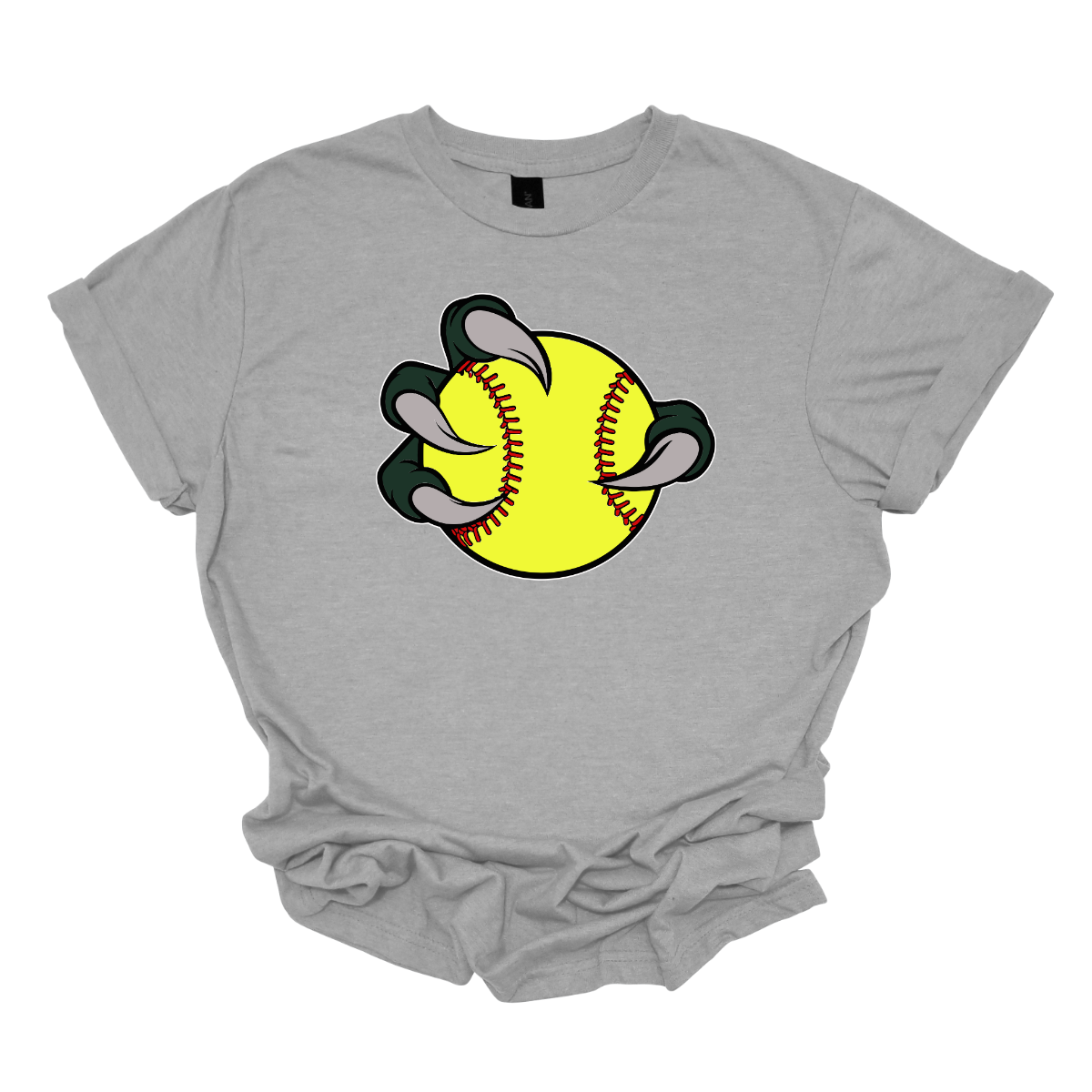 Gray t-shirt with a Bearded Dragon  graphic of a yellow softball and green talon print on a white background