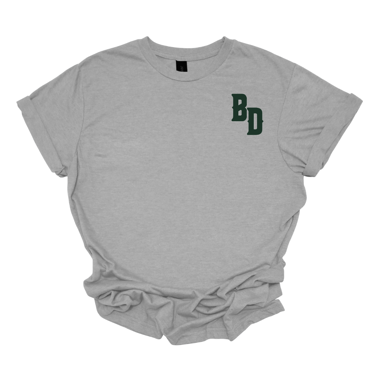 Gray t-shirt with 'BD' logo on a white background