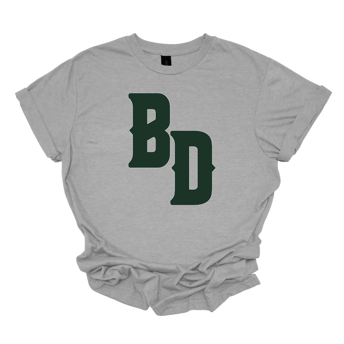 Gray t-shirt with green 'BD' logo on a white background