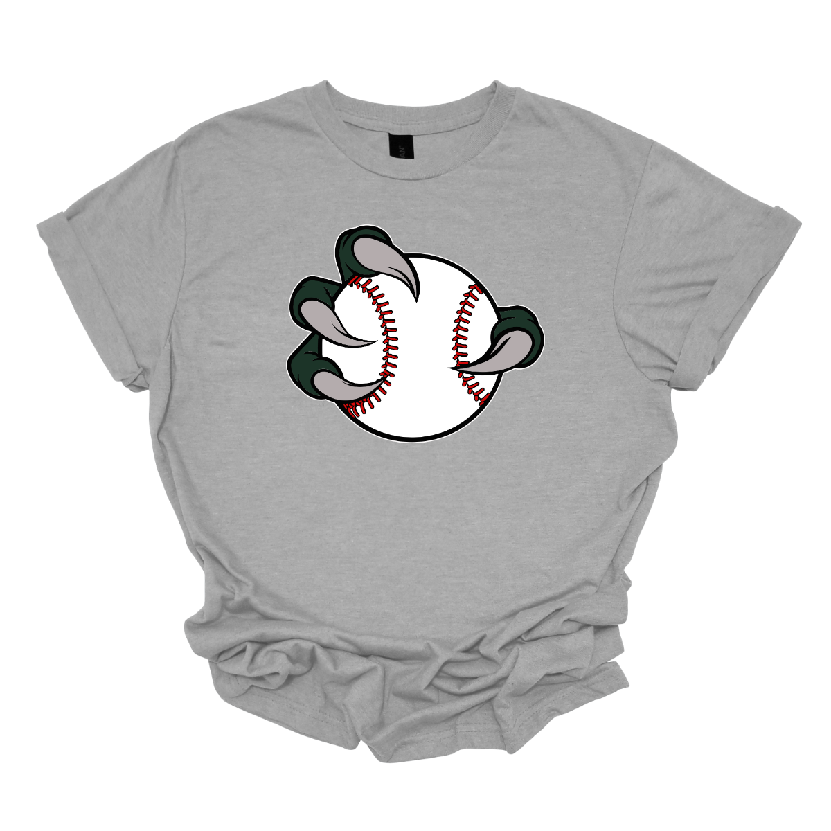 Gray t-shirt with a Bearded Dragon graphic of a baseball and bunny ears on a white background