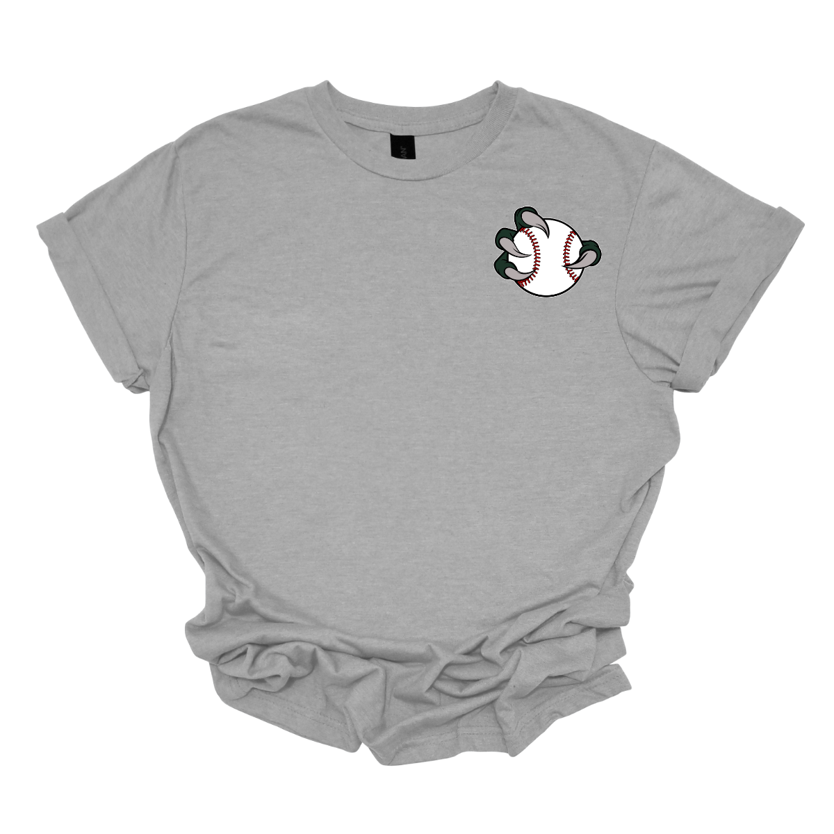Gray t-shirt with a Bearded Dragon  baseball and glove graphic on a white background