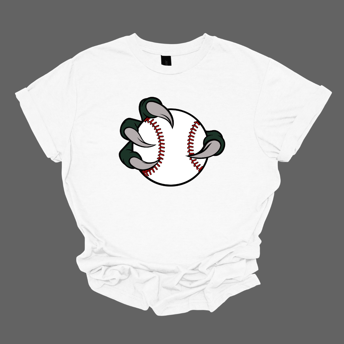 White t-shirt with a Bearded Dragon  graphic of a baseball and cleats on a gray background