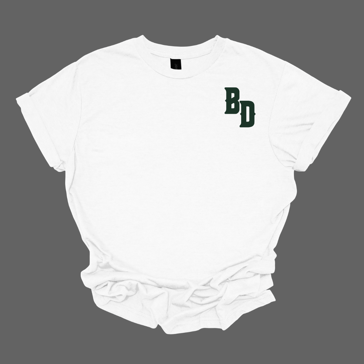 White t-shirt with 'BD' logo on a gray background