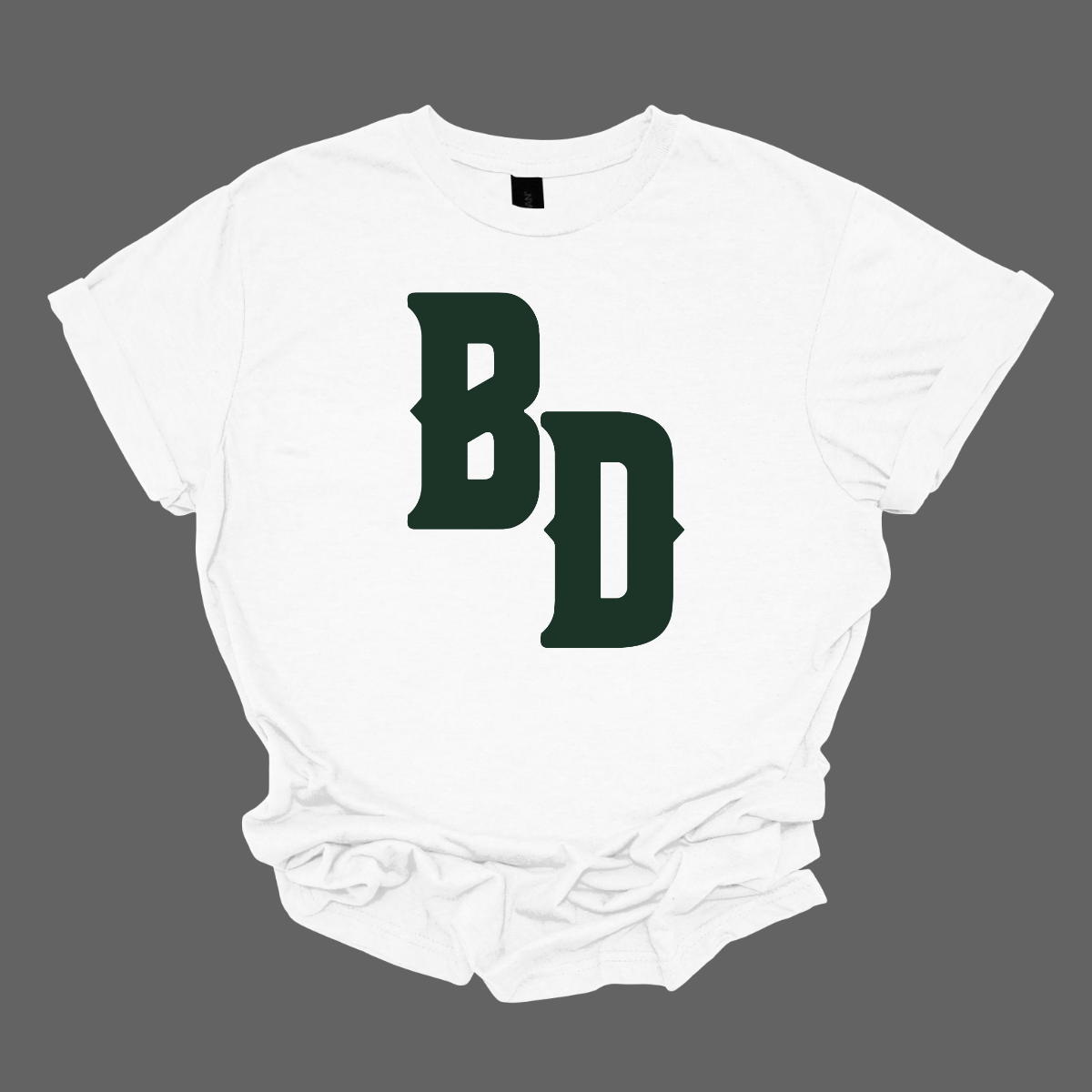 White t-shirt with 'BD' printed in green on a gray background