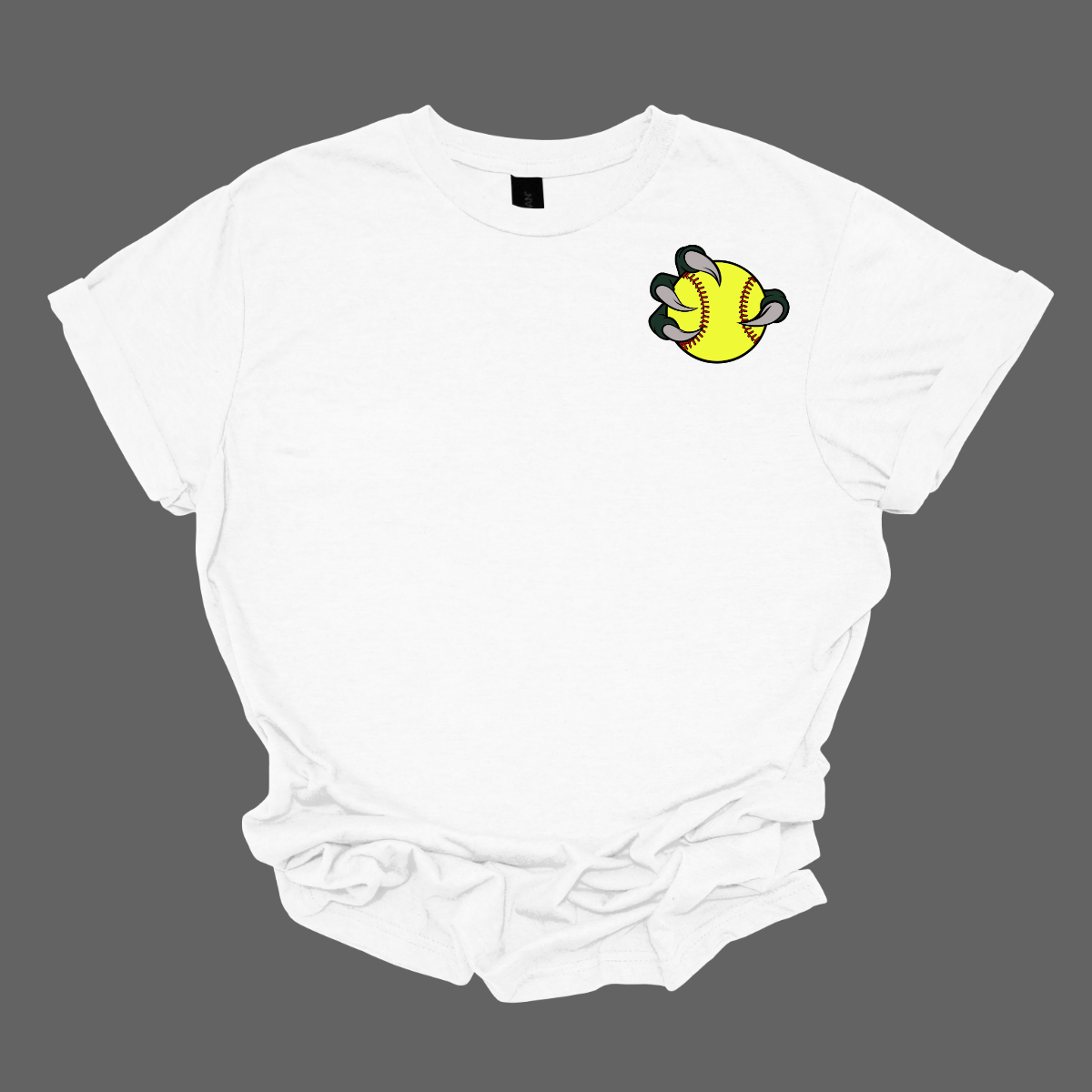 White t-shirt with a Bearded Dragon graphic of a paw print holding a baseball on a gray background
