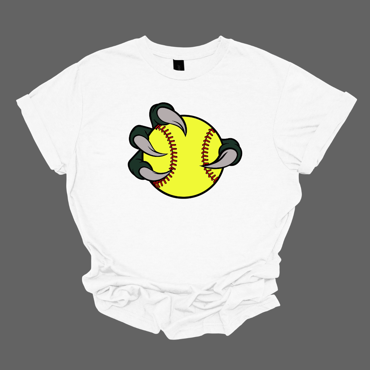 White t-shirt with a Bearded Dragon graphic of a yellow softball being caught by black gloves on a gray background