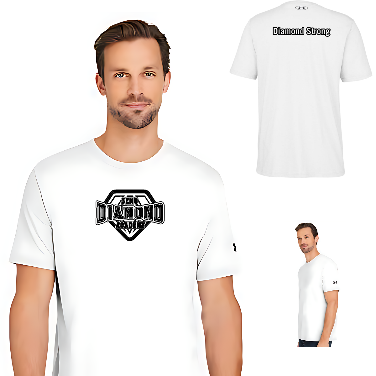 Man wearing a white t-shirt with 'The Diamond Academy' logo, surrounded by different views of the shirt.