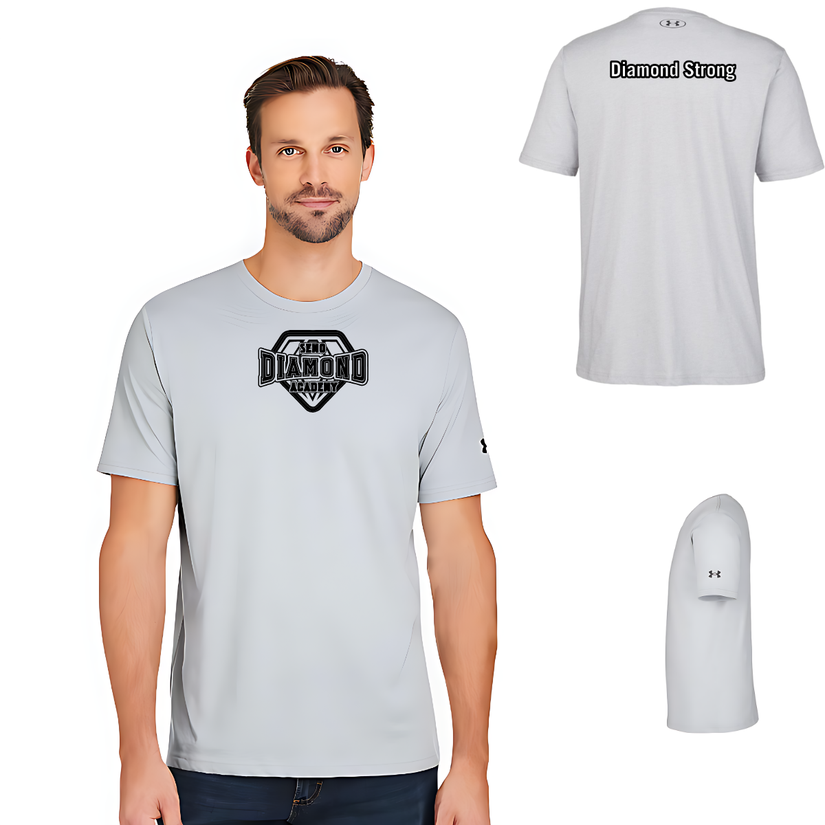Grey Semo Diamond Academy t-shirt with black logo and text on a white background