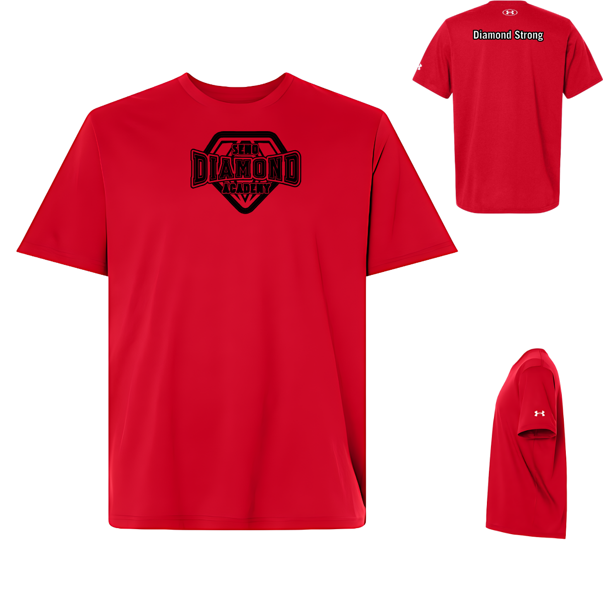 Red Semo Diamond Academy t-shirt with black logo and text on a white background