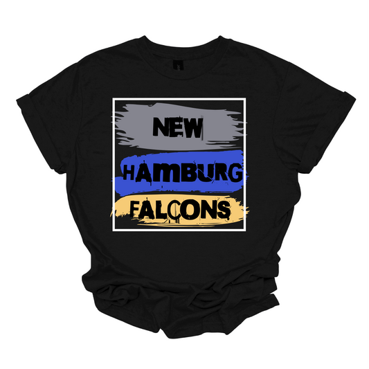 The combination of these words—"New Hamburg Falcons"—forms a cohesive graphic element that adds a unique touch to the apparel, whether on a t-shirt, hoodie, or other clothing item. The colors in each swatch can vary, but they are thoughtfully selected to complement one another and create a visually balanced look. Shop at Gorgeousware.com