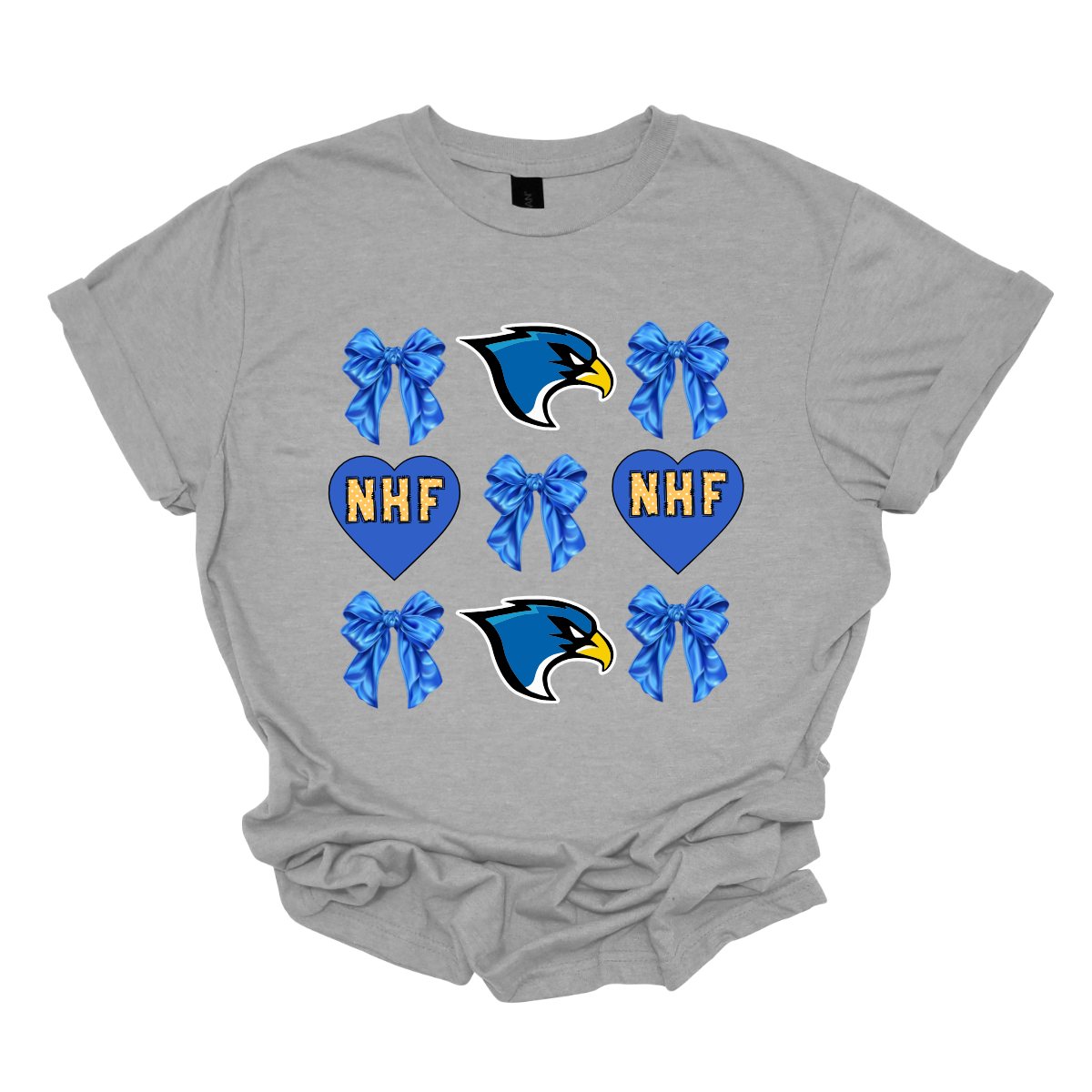 This stylish apparel design for the New Hamburg Falcons Croquet features a blend of classic charm and modern flair. The centerpiece is a bold, fierce falcon head, a dynamic symbol of strength and precision at the core, that perfectly embodies the spirit of the team, surrounded by heart encasing NHF standing for the love of the "New Hamburg Falcons" and a retro-inspired circle log that frames the falcon. Whether worn on the court or around town, this design is a proud tribute to the New Hamburg Falcons and t