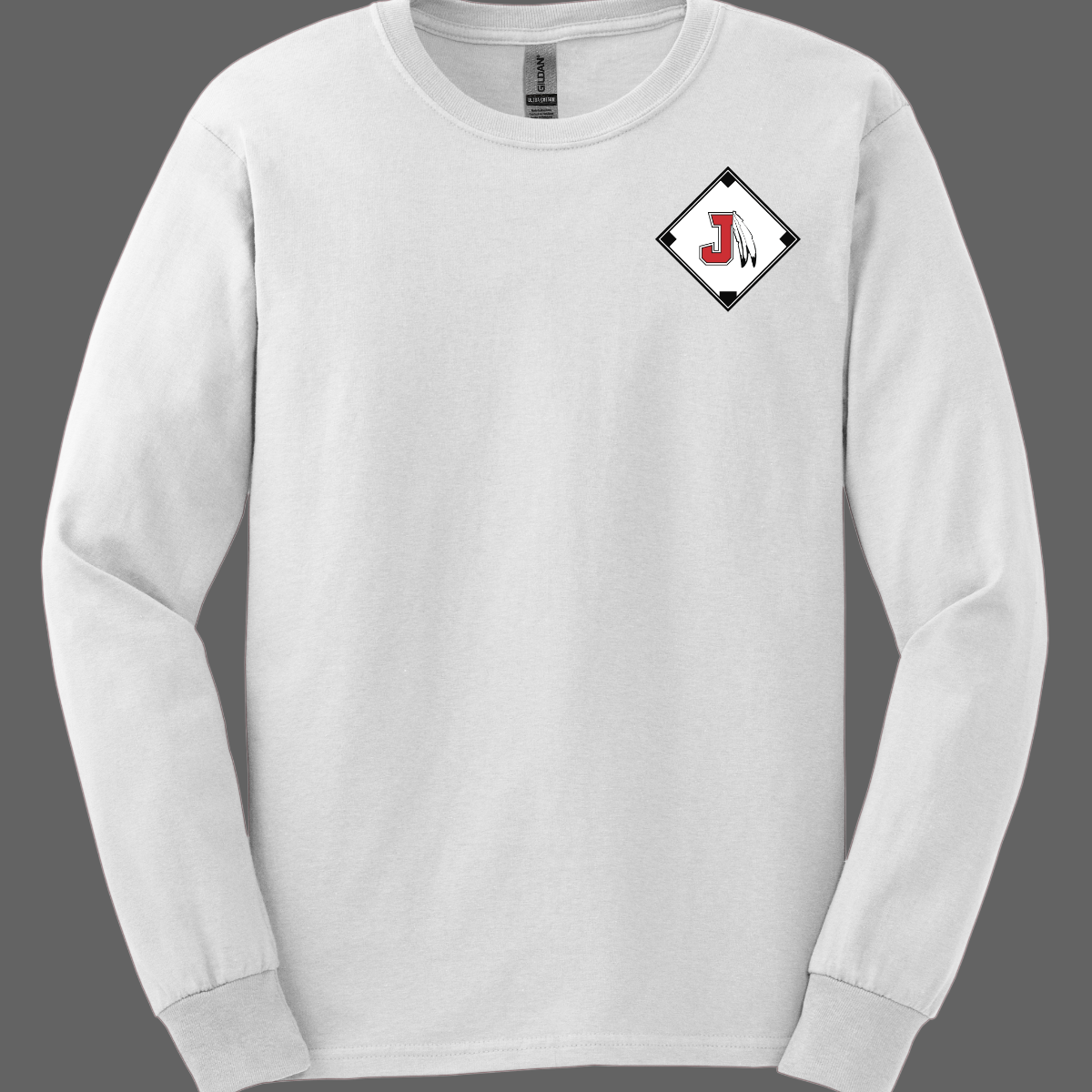 White long sleeve with a diamond-shaped logo featuring a letter 'J' on a grey background