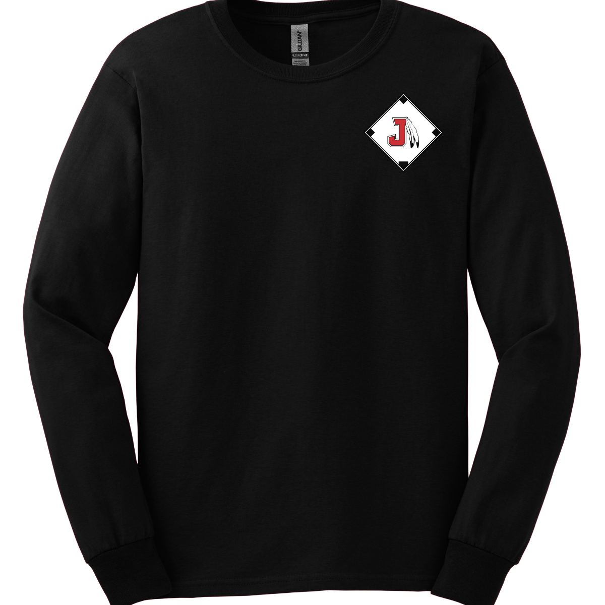 Black long sleeve with a diamond-shaped logo featuring a letter 'J' on a white background