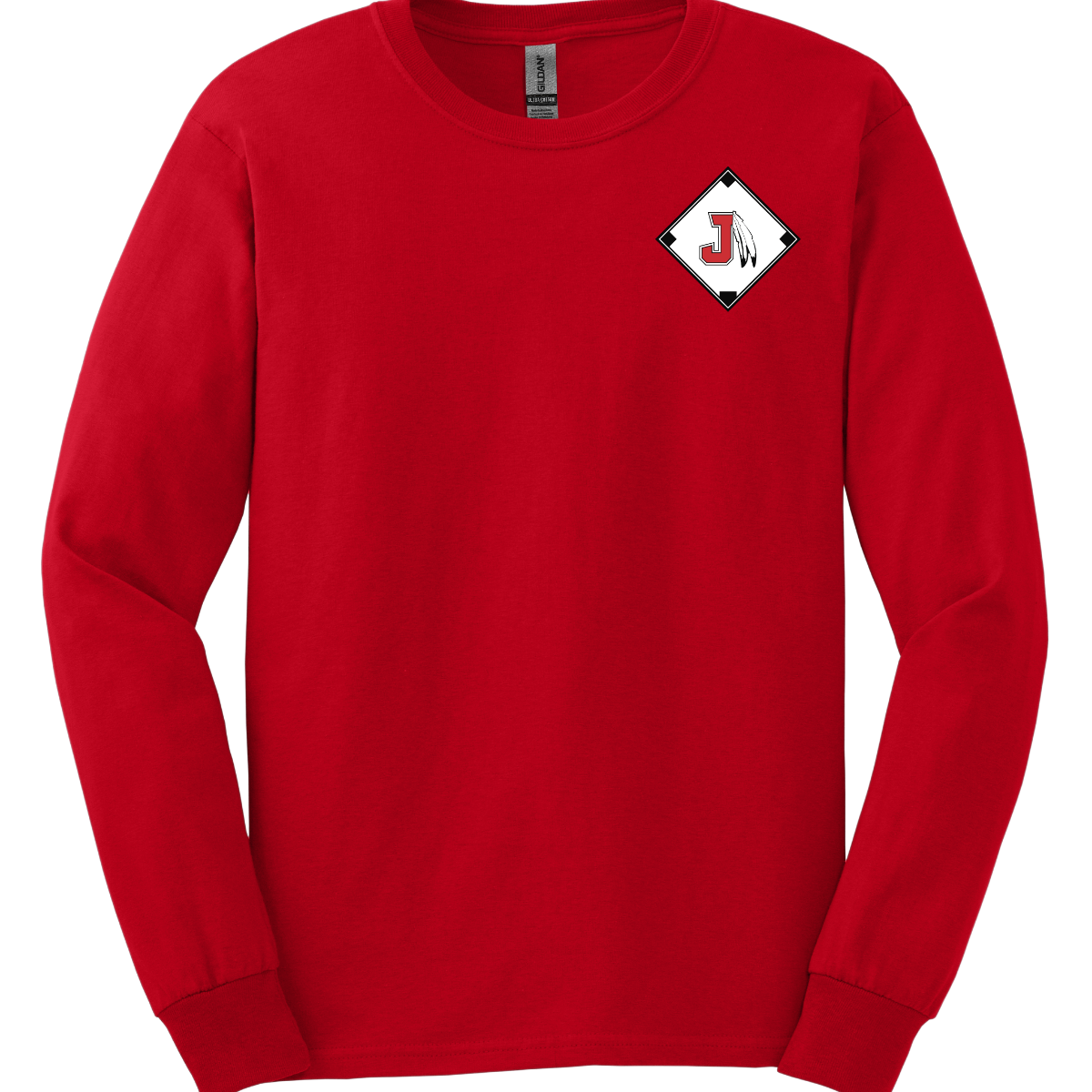 long sleeve with a diamond-shaped logo featuring a letter 'J' on a white background
