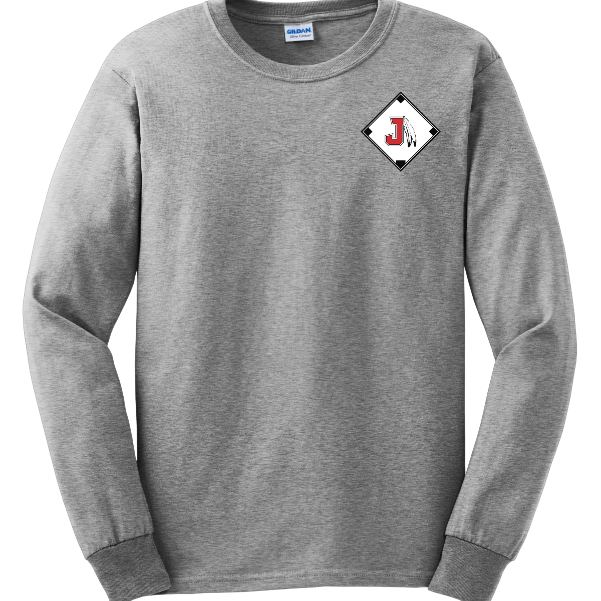 Grey long sleeve with a diamond-shaped logo featuring a letter 'J' on a white background