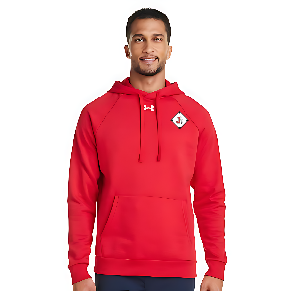 Man wearing a red hoodie with a brand logo on a white background