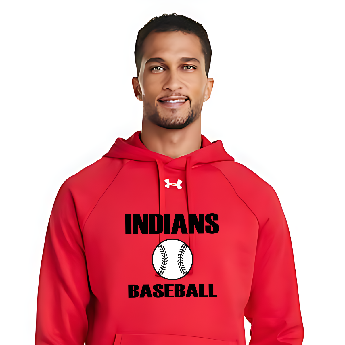 Man wearing a red 'Indians Baseball' hoodie with Under Armour logo on a white background