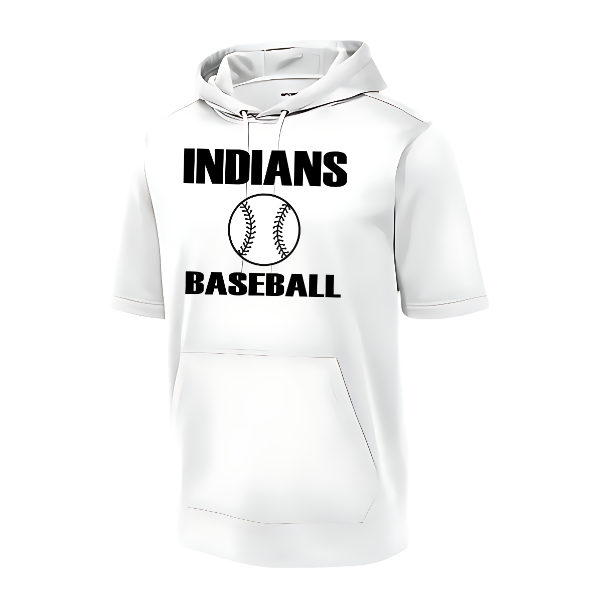 White hoodie with 'INDIANS BASEBALL' text and a baseball graphic on a white background