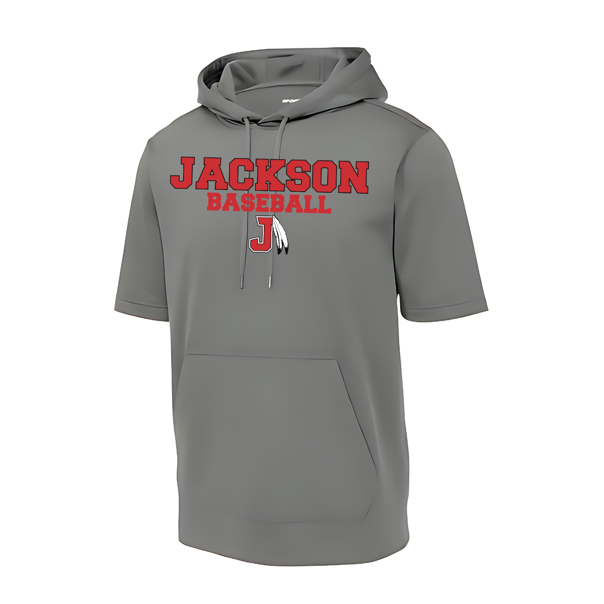 Gray hoodie with 'Jackson Baseball' text on a white background