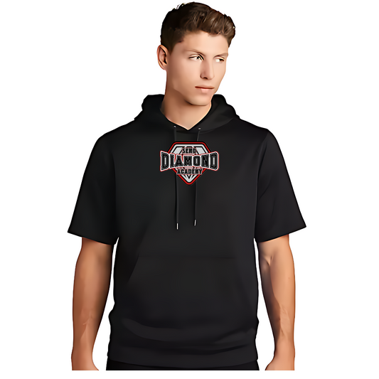 Person wearing a black short sleeve hoodie with a "SEMO Diamond Academy" logo on a white background