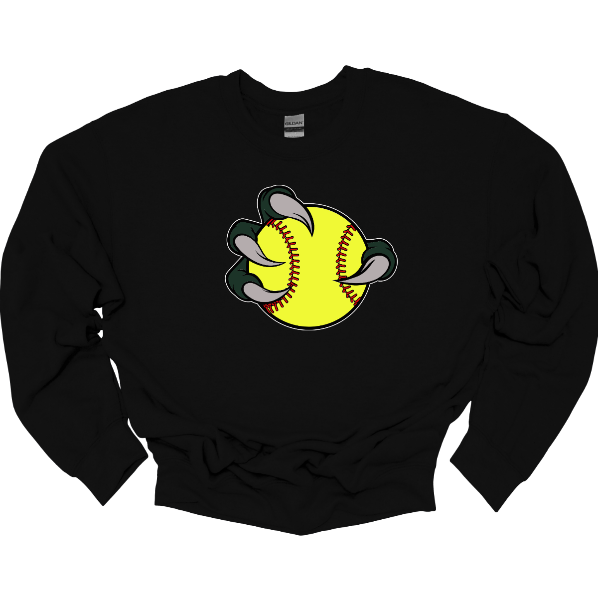 Black sweatshirt with a yellow softball Bearded Dragon graphic on a white background