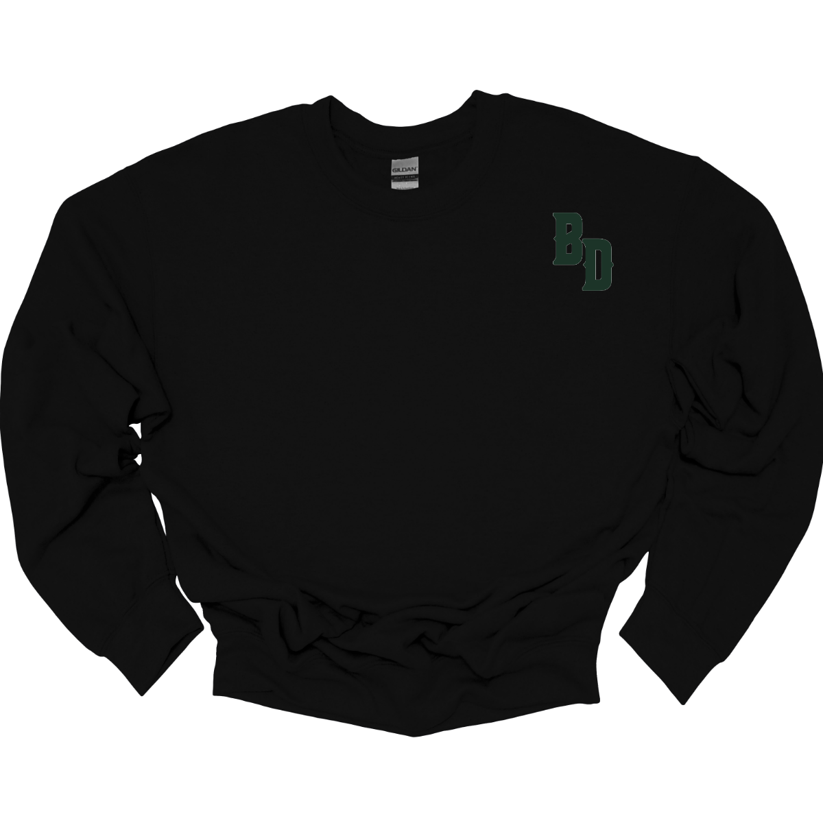 Black sweatshirt with a logo on the chest against a white background