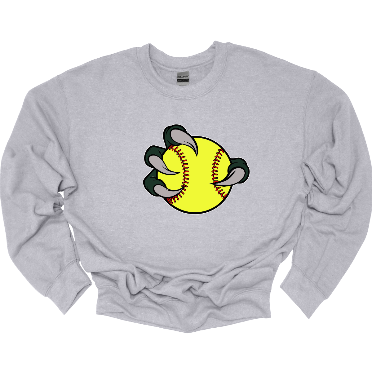 Gray sweatshirt with a graphic of a yellow softball Bearded Dragon logo on a white background