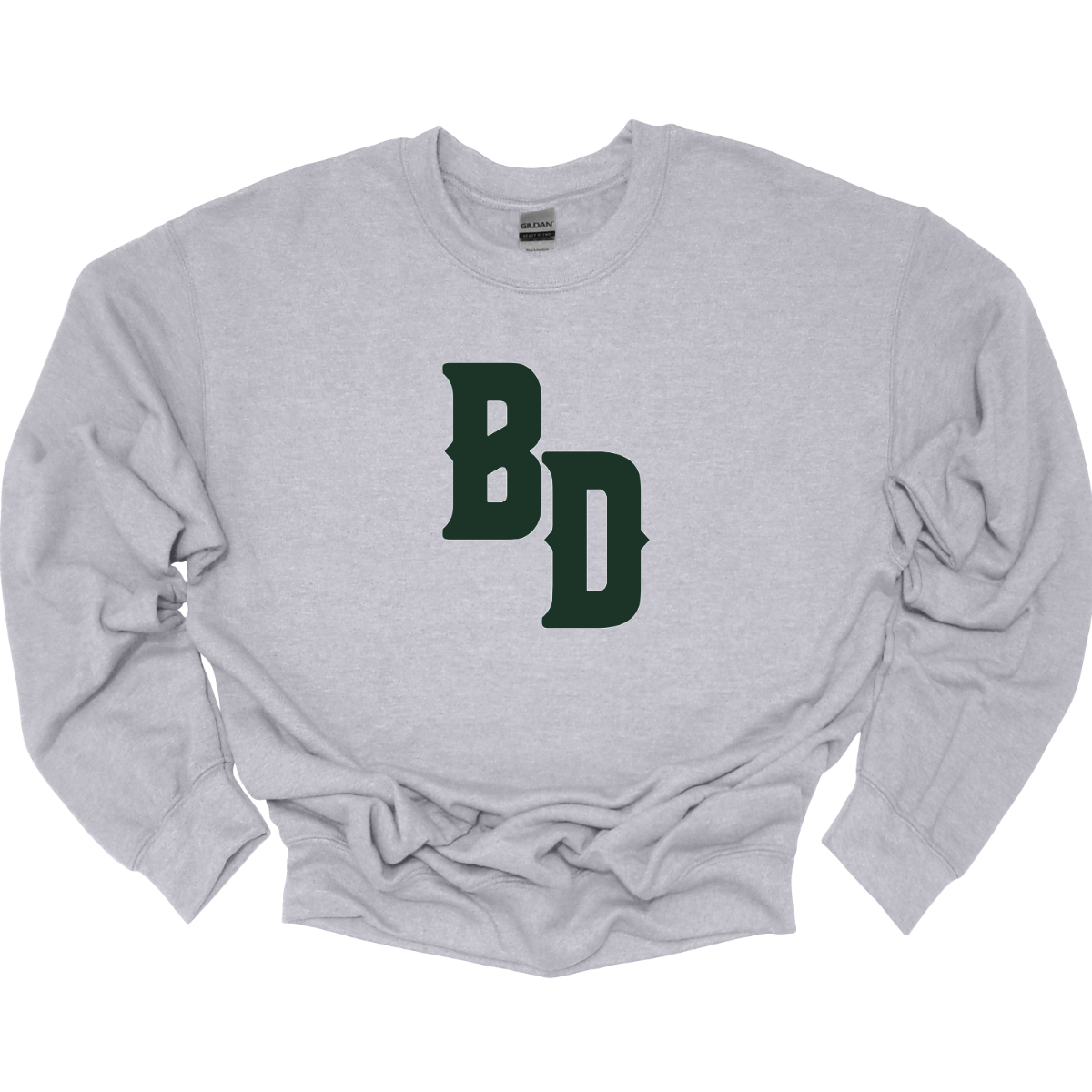 Gray sweatshirt with 'BD' logo on a white background