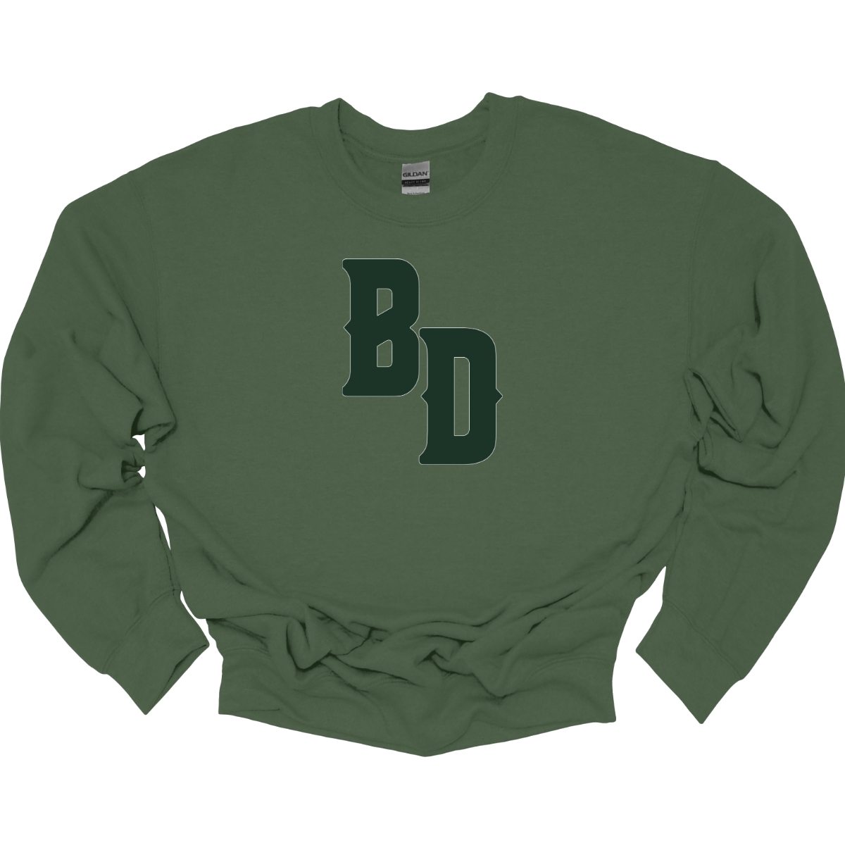Green sweatshirt with 'BD' logo on a white background