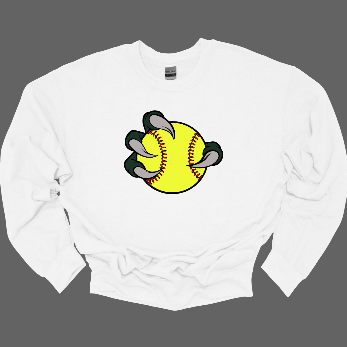 White sweatshirt with a yellow Bearded Dragon softball graphic on a gray background