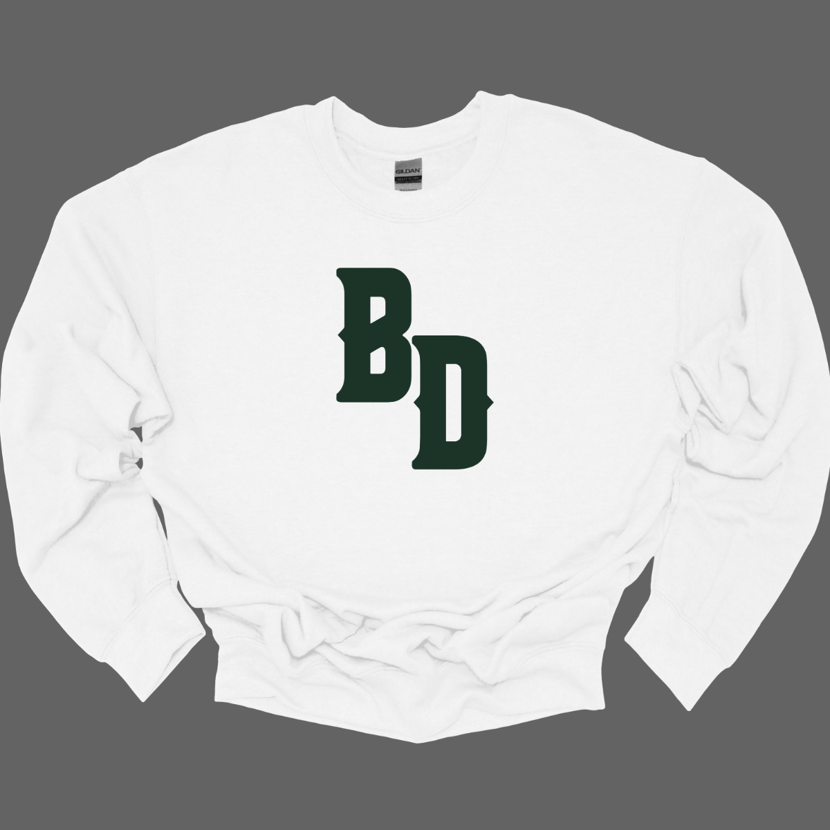 White sweatshirt with 'BD' logo on a gray background