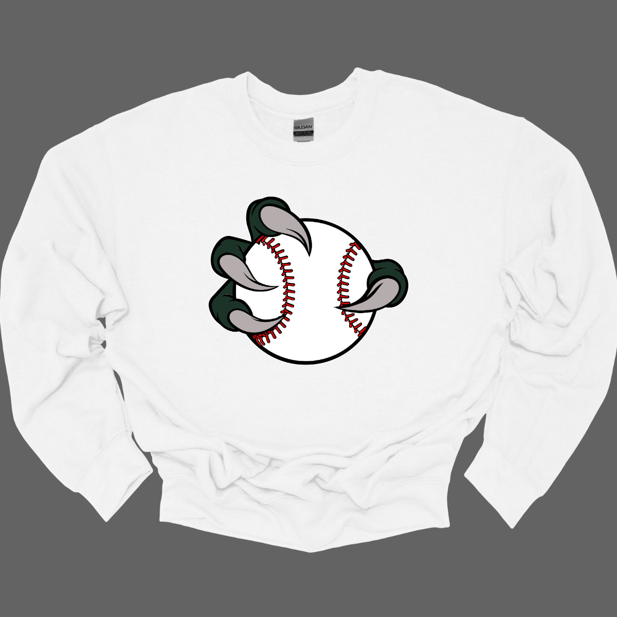 White sweatshirt with a baseball graphic on a gray background