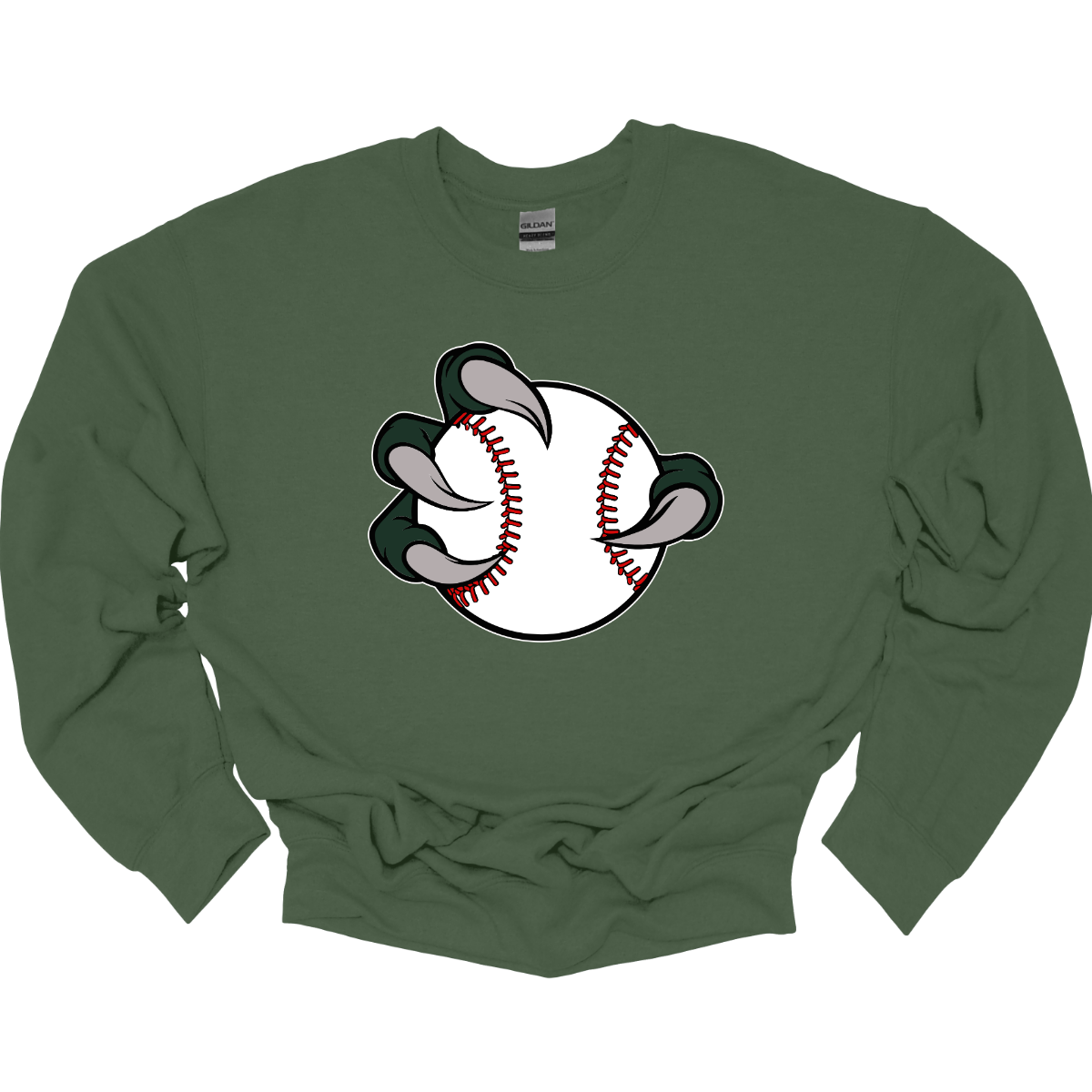 Green sweatshirt with a Bearded Dragon baseball and glove graphic on a white background