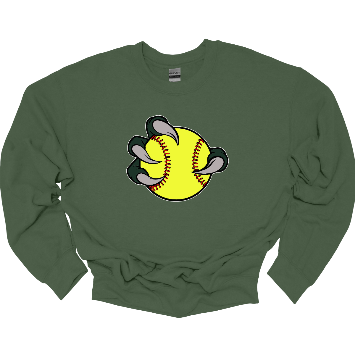 Green sweatshirt with a yellow Bearded Dragon softball graphic on a white background