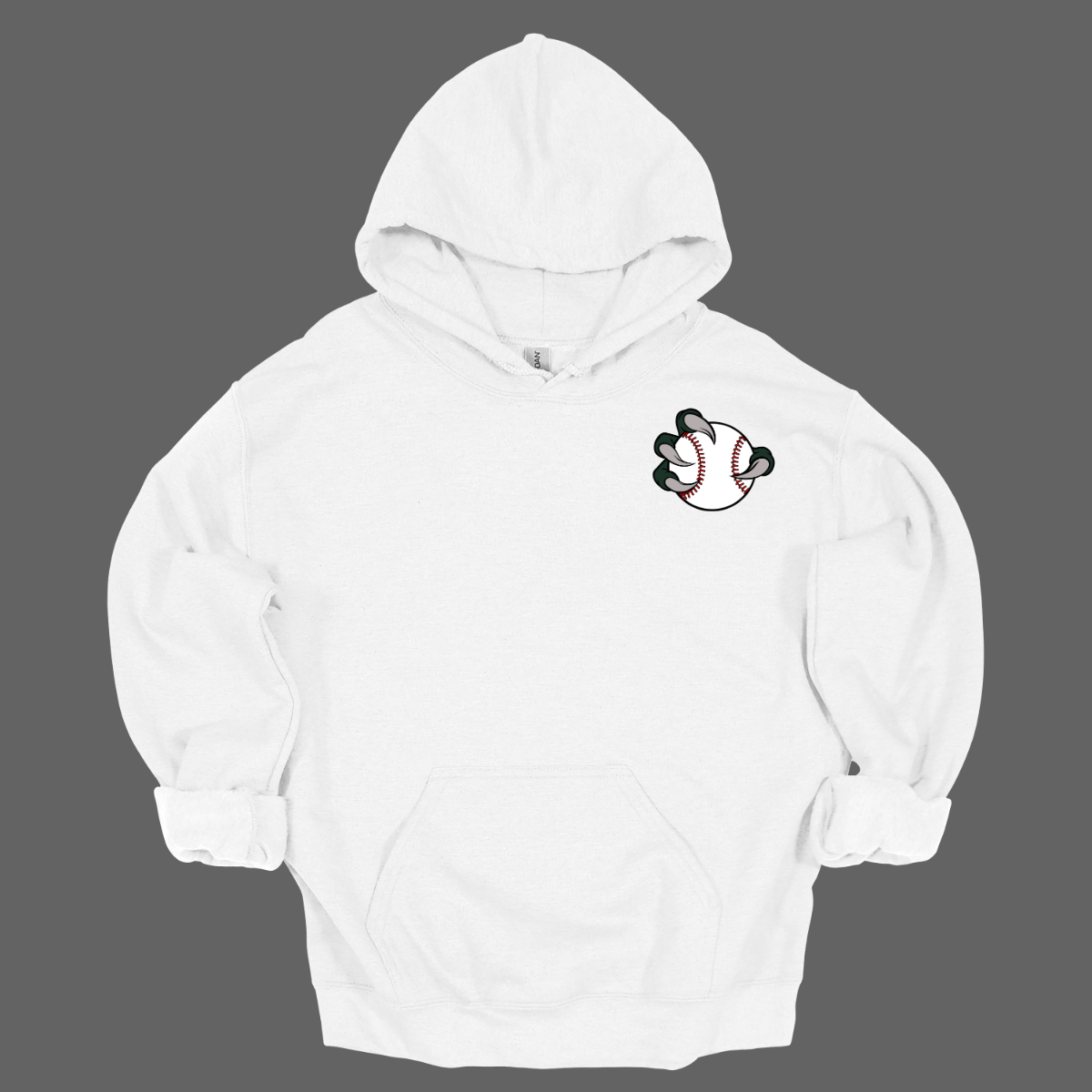 White hoodie with a small Bearded Dragon baseball logo on the chest against a gray background