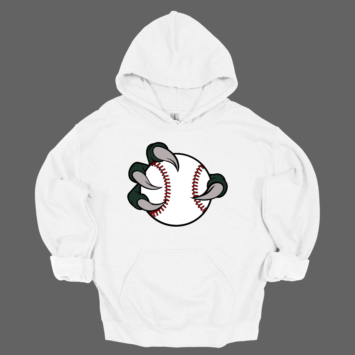 White hoodie with a Bearded Dragon baseball and bat graphic on a gray background