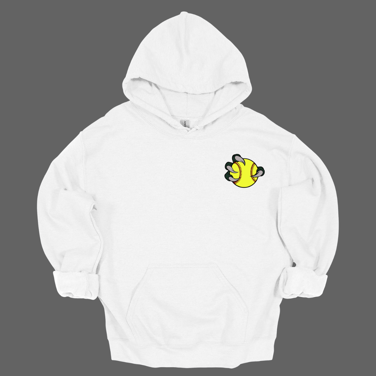 White hoodie with a yellow  and green Bearded Dragon graphic on the chest against a gray background