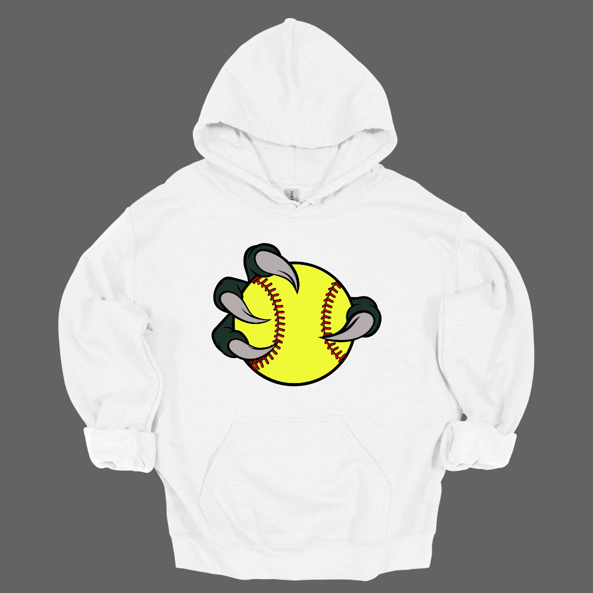 White hoodie with a yellow Bearded Dragon softball graphic on a gray background