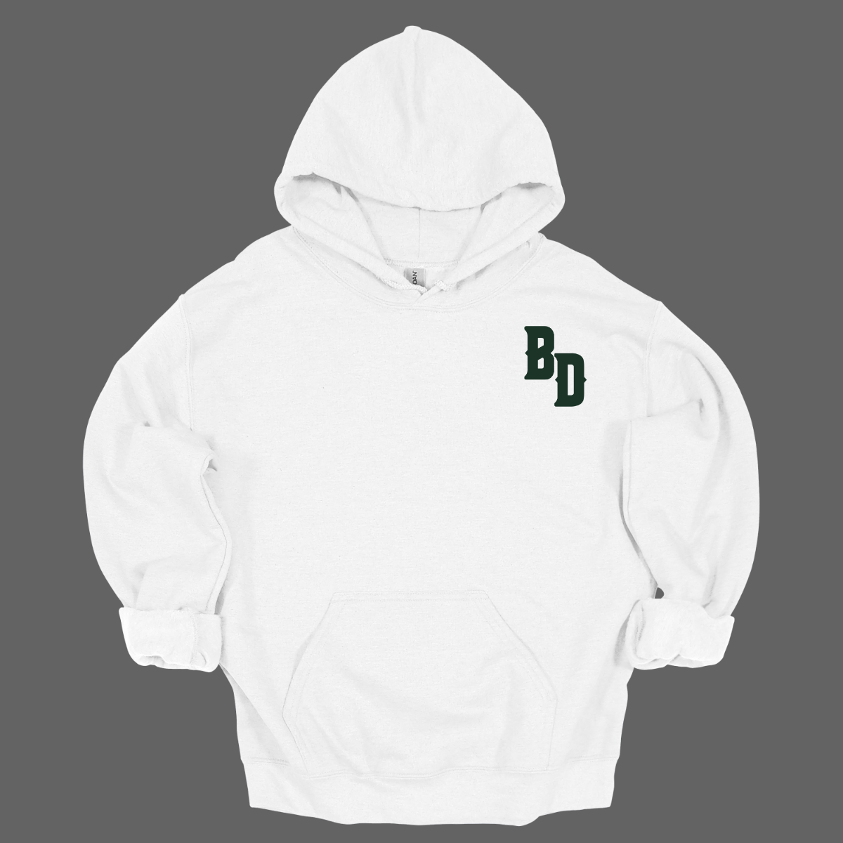 White hoodie with 'BD' logo on a gray background