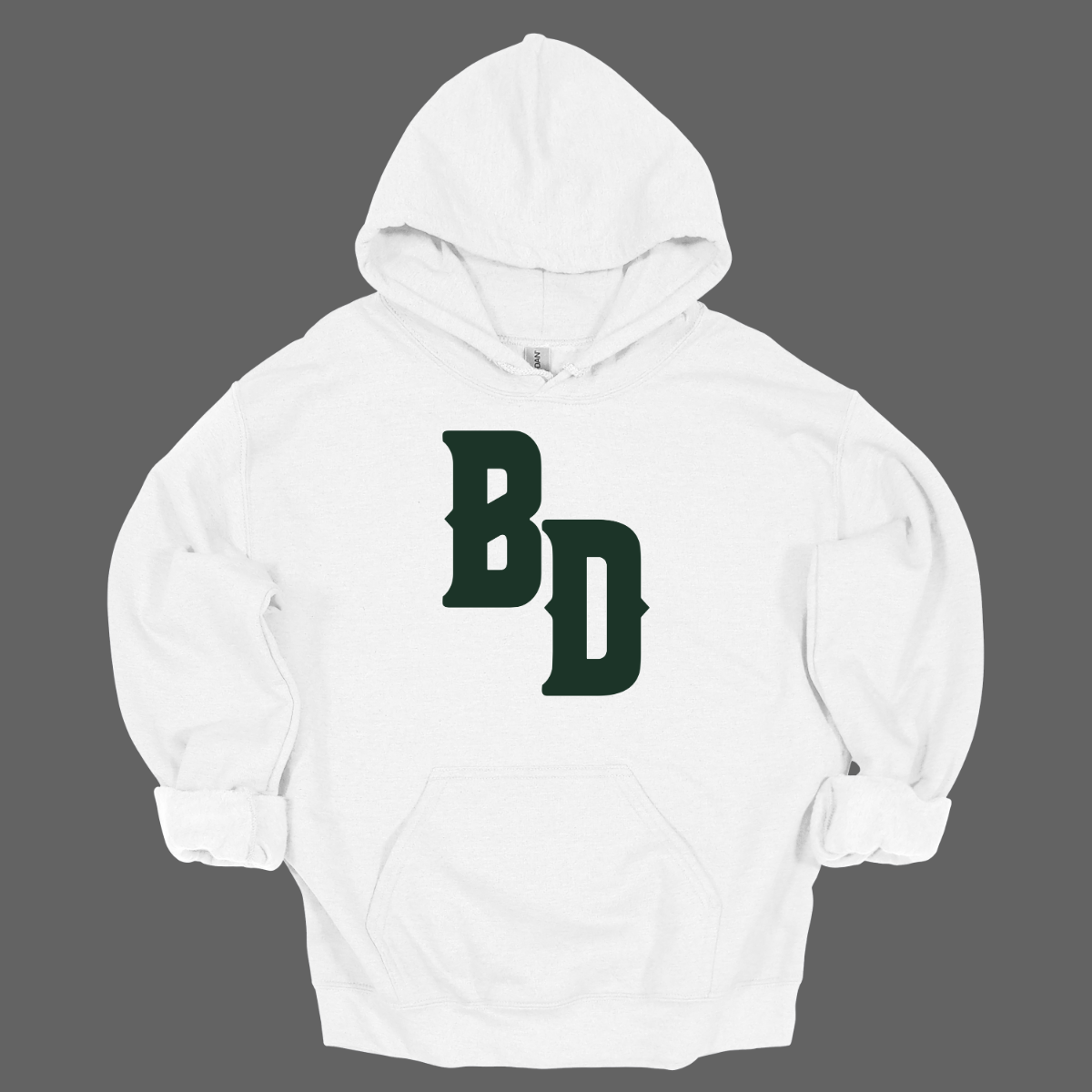 White hoodie with 'BD' logo on a gray background
