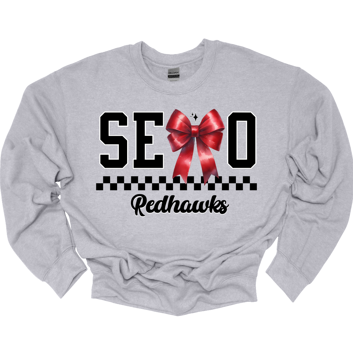 Show off your SEMO pride in style with this trendy apparel for youth! This shirt features bold letters” SEMO,” where the "M" is cleverly replaced by a stylish red croquette bow, this shirt adds a unique twist to your wardrobe. Underneath, a playful checkerboard stripe adds a fun touch, while "Redhawks" is elegantly written in a cute cursive font. Get ready to turn heads and express your school spirit! Shop at Gorgeousware.com today!