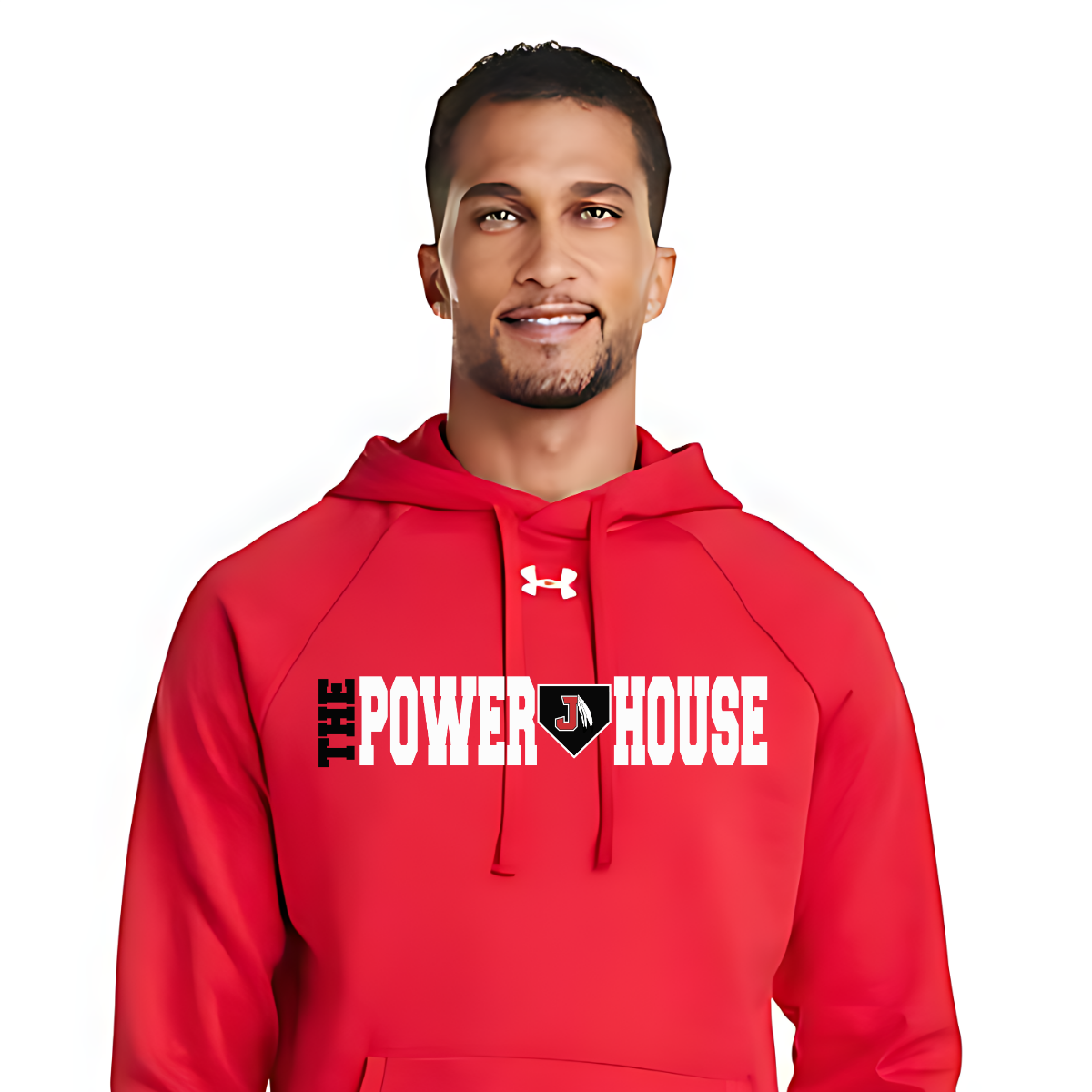 Man wearing a red hoodie with 'The Power House' text and Under Armour logo on a white background