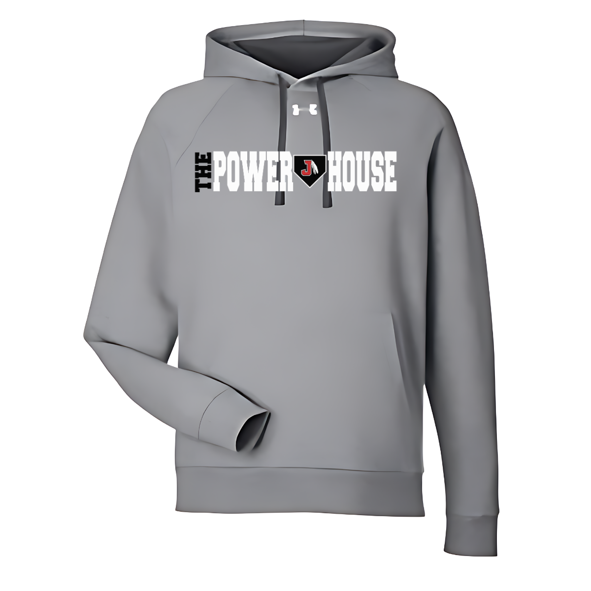 Gray hoodie with 'The Power House' text and Under Armour logo on a white background