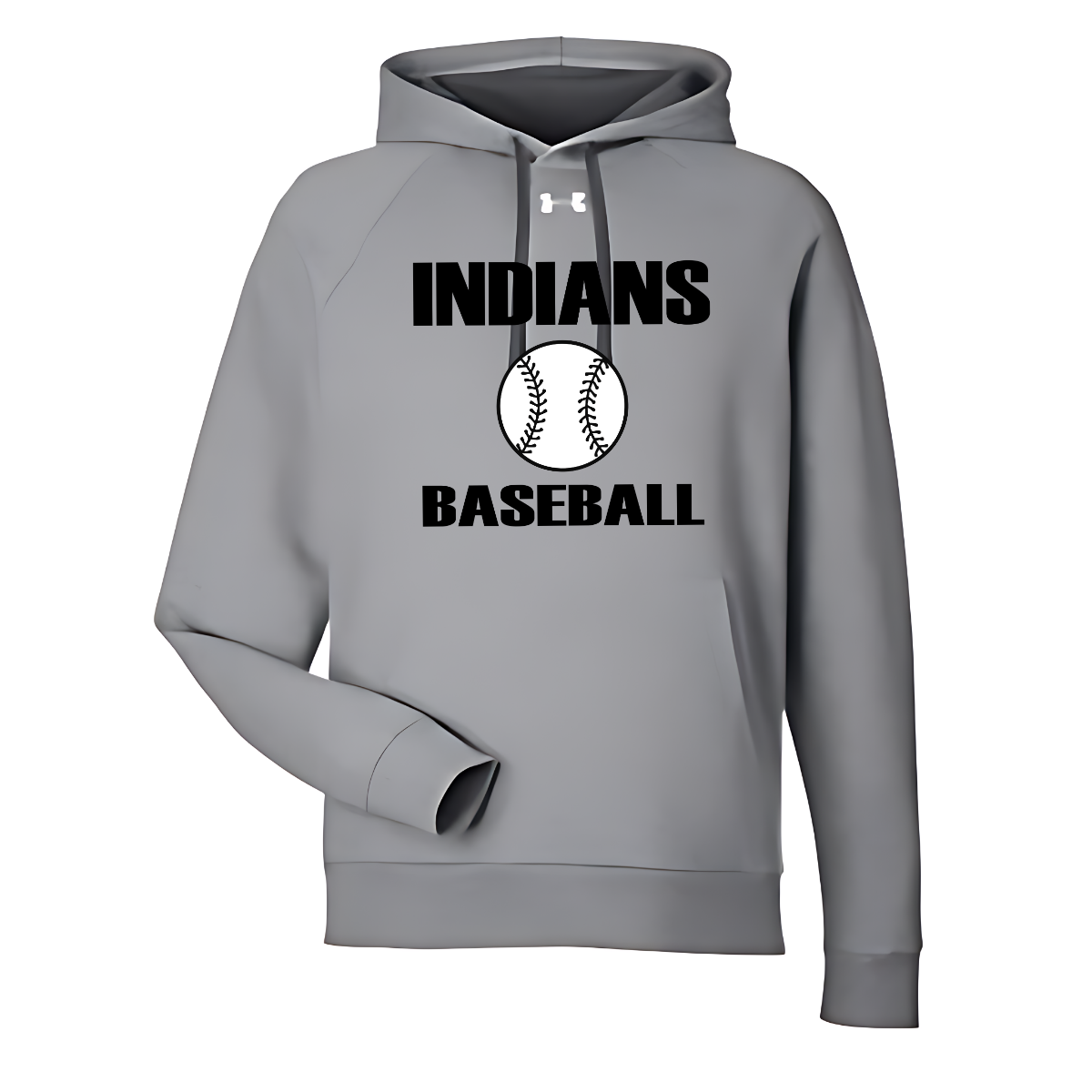 Gray hoodie with 'Indians Baseball' text and Under Armour logo on a white background