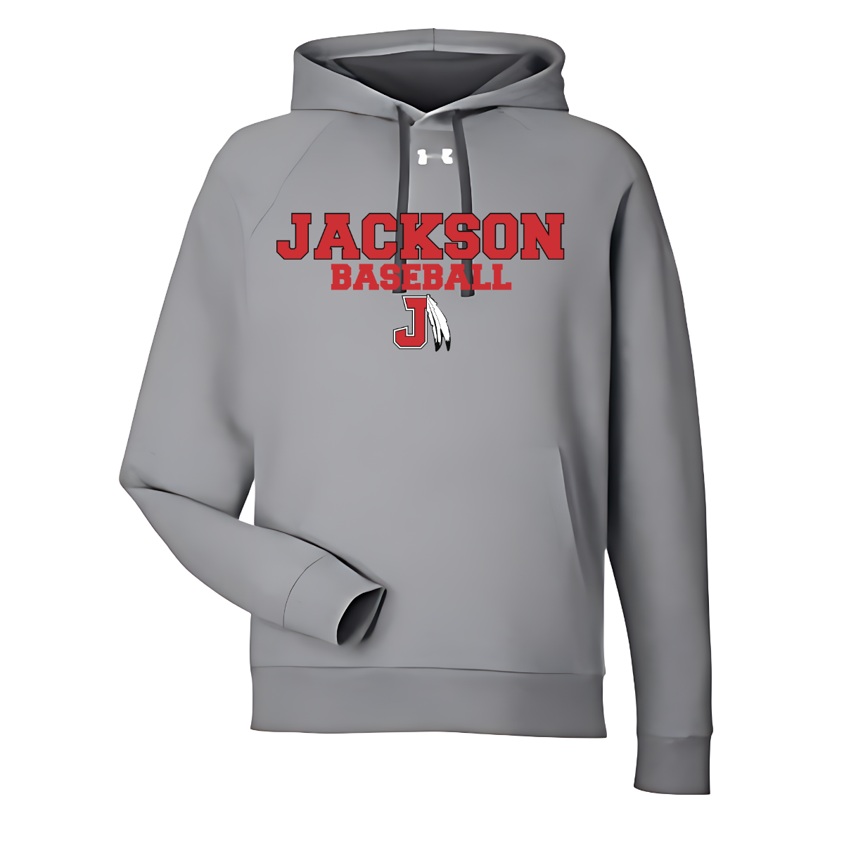 Gray hoodie with 'Jackson Baseball' text and Under Armour logo on a white background