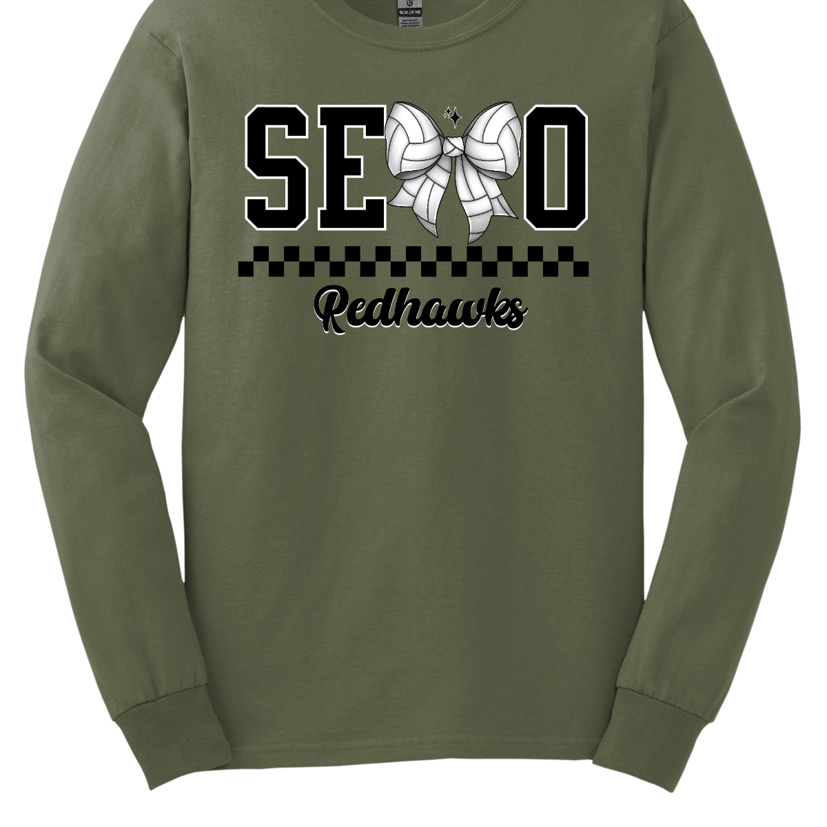 The apparel design features the word "SEMO" in a bold collegiate font, with a unique twist on the letter "M." Instead of the standard "M," a bow with a volleyball pattern is used, making it a distinctive and sporty element. Beneath "SEMO," a striking black checkerboard pattern runs horizontally across the garment, adding visual contrast and energy. Shop at Gorgeousware.com