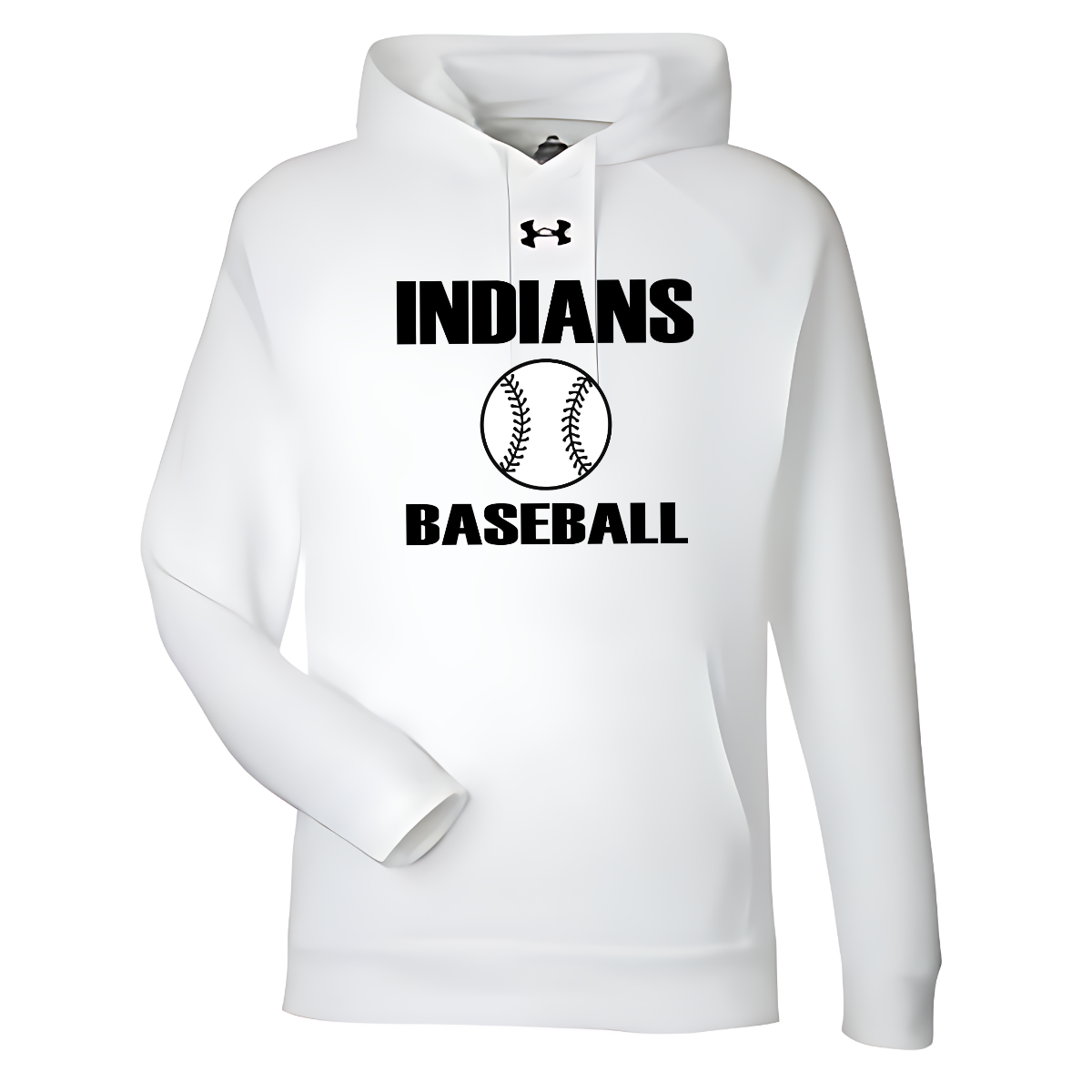 White hoodie with 'Indians Baseball' text and Under Armour logo on a white background